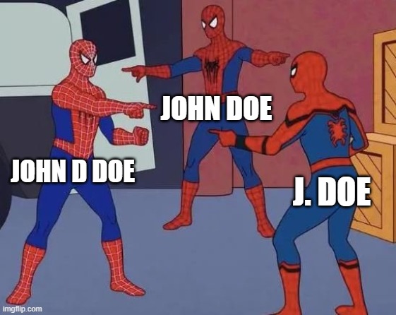 The classic three-Spider-Men-pointing meme — three identical figures pointing at each other.
